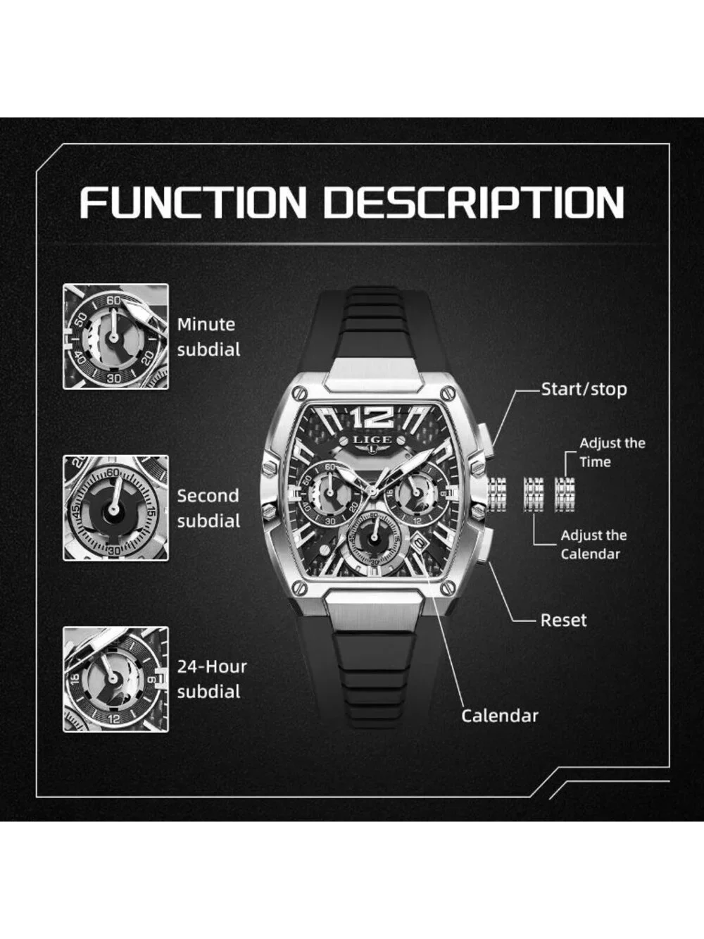 Men's Black and Silver Square Chronograph Stainless Steel Quartz Wrist Watch